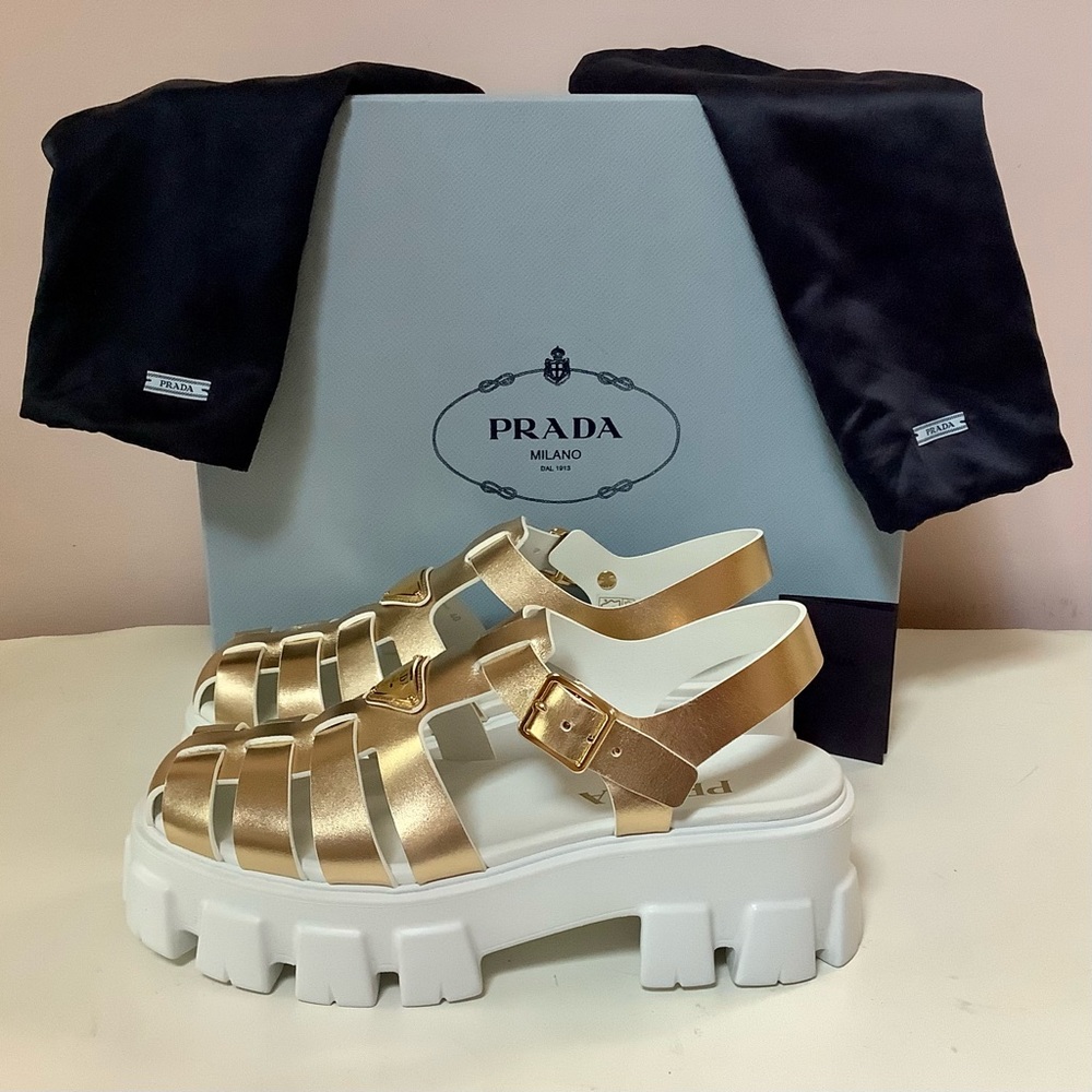 BNIB Prada Metallic Gold Fisherman Monolith Log Sandal sz.41/11 $1,070